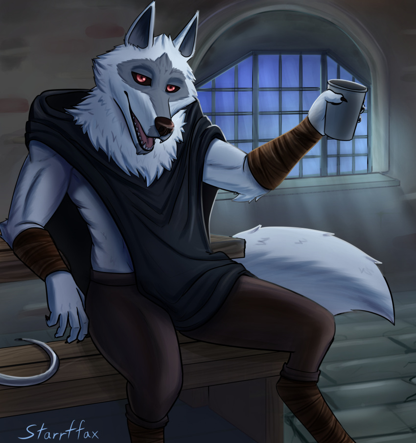 5_fingers alcohol anthro artist_name beer bench beverage black_cloak black_sclera bottomwear brick_wall brown_bottomwear brown_clothing brown_nose brown_pants canid canine canis claws clothed clothing container cup death_(puss_in_boots) digital_media_(artwork) digitigrade dreamworks facial_markings fangs fingers fluffy fluffy_tail front_view fur furniture head_markings head_tilt hi_res holding_container holding_cup holding_object light light_beam looking_at_viewer male mammal markings mask_(marking) movie_reference muscular neck_tuft night open_mouth pants pavement puss_in_boots_(dreamworks) raised_arm red_eyes sharp_teeth sickle sitting solo starrffax stone_floor tail tavern teeth tongue tuft wall_(structure) white_body white_fur window window_frame wolf wood wood_bench wood_furniture