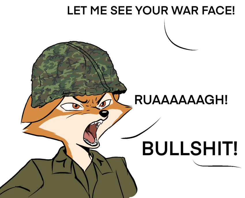 angry angry_face anthro armor army army_helmet army_uniform black_nose camo camo_clothing camo_print canid canine clothing ears_down f4ephantomii female fox full_metal_jacket fur headgear helmet looking_sideways mammal military_uniform movie_reference multicolored_body offscreen_character open_mouth orange_body orange_fur pattern_clothing pivoted_ears profanity solo solo_focus tongue two_tone_body uniform united_states_of_america war_face white_body white_fur yelling