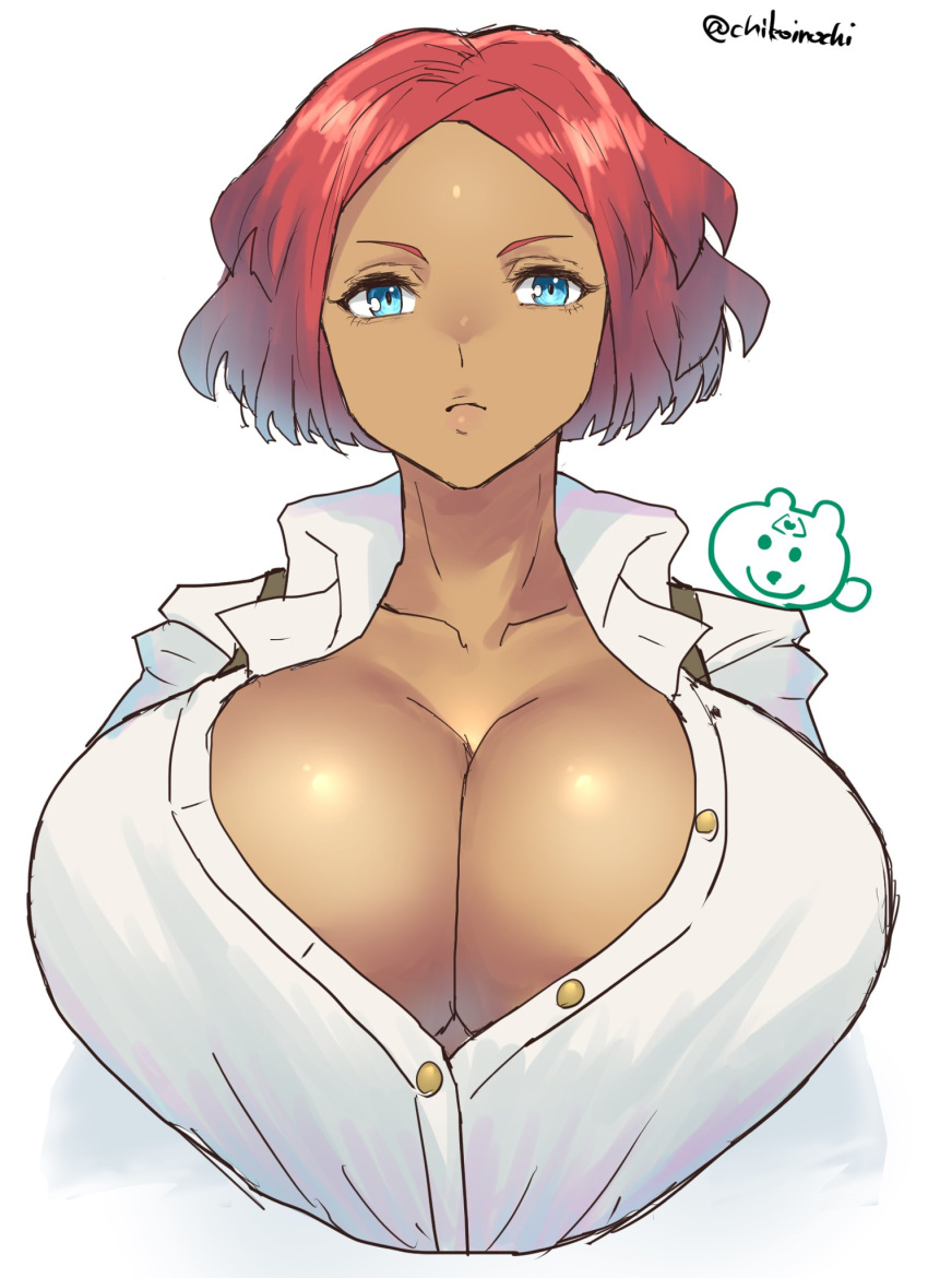 1girl blue_eyes breasts bursting_breasts chikoinochi dark-skinned_female dark_skin expressionless giovanna_(guilty_gear) guilty_gear guilty_gear_strive highres huge_breasts looking_at_viewer no_bra parted_bangs partially_unbuttoned red_hair shirt short_hair solo tented_shirt twitter_username unbuttoned unbuttoned_shirt upper_body white_shirt