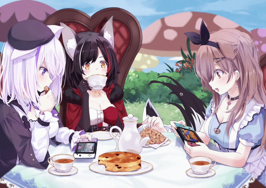 3girls 54hao animal_ear_fluff animal_ears arm_up beret black_collar black_gloves black_hair black_hairband black_headwear black_jacket black_ribbon blue_sky breasts brown_eyes cake cat_ears cat_girl cleavage cloud collar commentary cookie cup day dog_ears dog_girl elbow_gloves food fox_ears fox_girl fox_tail gloves hair_ribbon hairband hand_up hat heart highres holding holding_cup hololive inugami_korone inugami_korone_(6th_costume) jacket key long_hair long_sleeves medium_breasts multicolored_hair multiple_girls mushroom nekomata_okayu nekomata_okayu_(6th_costume) official_alternate_costume on_chair one_side_up ookami_mio ookami_mio_(6th_costume) outdoors puffy_long_sleeves puffy_sleeves red_hair ribbon saucer shirakami_fubuki shirt sky streaked_hair table tail teacup teapot tilted_headwear white_hair white_shirt wolf_ears wolf_girl