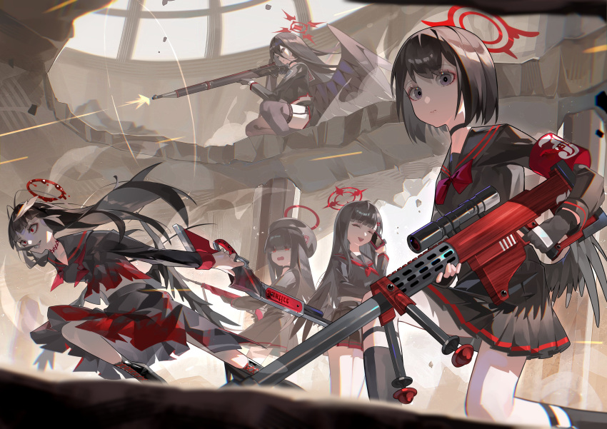 5girls ^_^ absurdres aiming armband beret black_choker black_eyes black_hair black_headwear black_sailor_collar black_shirt black_skirt black_socks black_thighhighs black_wings blue_archive calling choker closed_eyes feathered_wings firing gun halo hasumi_(blue_archive) hat highres hiro_(yoshi_chan) holding holding_gun holding_phone holding_weapon ichika_(blue_archive) justice_task_force_(blue_archive) justice_task_force_member_(blue_archive) long_hair looking_ahead looking_at_viewer low_wings mashiro_(blue_archive) melting_halo multiple_girls neckerchief on_one_knee phone pleated_skirt red_armband red_eyes red_halo red_neckerchief sailor_collar school_uniform shirt short_hair skirt smile socks thighhighs torn_clothes torn_shirt torn_skirt tsurugi_(blue_archive) weapon weapon_request wings
