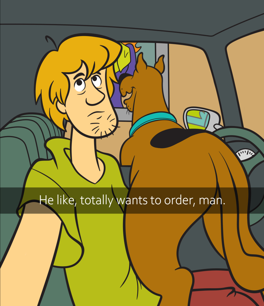 absurd_res brown_body brown_fur butt canid canine canis collar daphne_blake domestic_dog english_text female feral fur great_dane group hanna-barbera he_wants_to_order hi_res human magzol male mammal markings mastiff meme molosser mystery_machine scooby-doo scooby-doo_(series) selfie shaggy_rogers spots spotted_markings tail text trio vehicle warner_brothers wheel