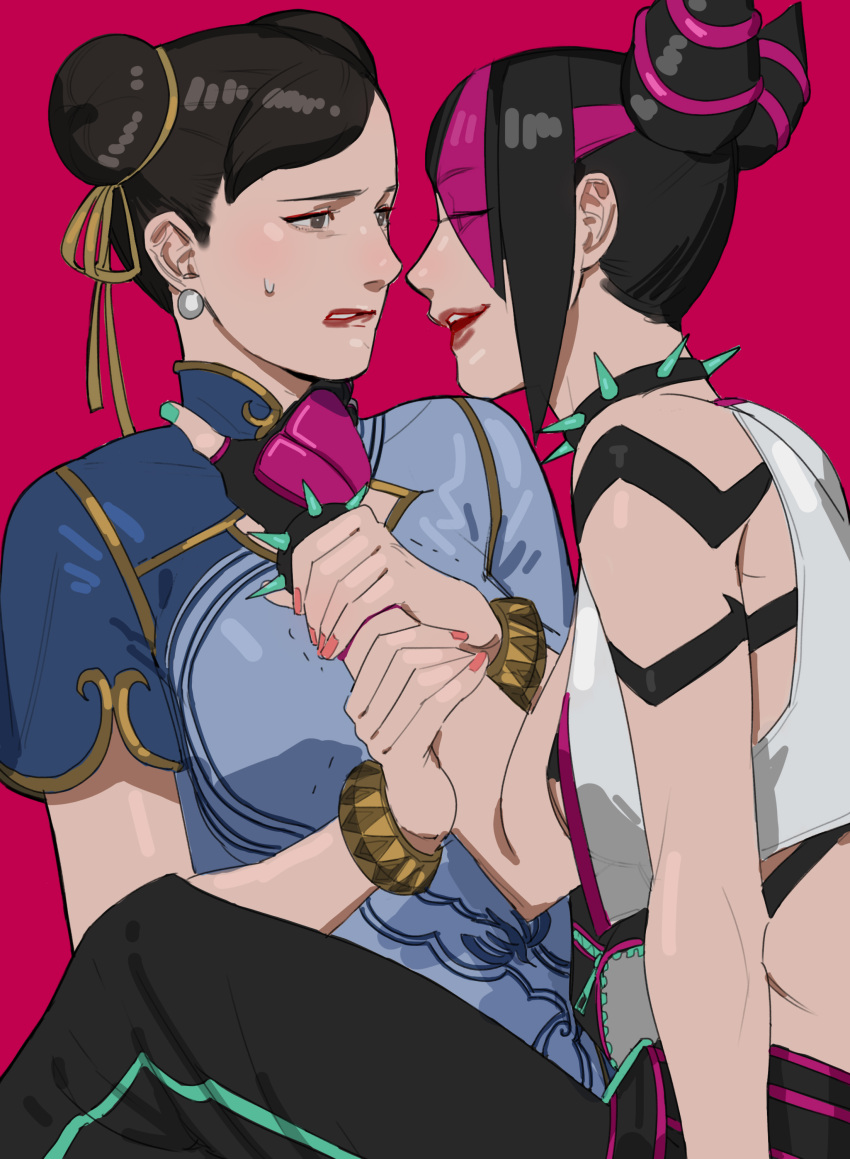 absurdres bbubbubbobbo123 chinese_clothes chun-li collar double_bun earrings hair_bun han_juri hand_on_another's_neck highres holding_another's_wrist jewelry multicolored_hair nervous_sweating spiked_collar spikes street_fighter street_fighter_6 sweat yuri