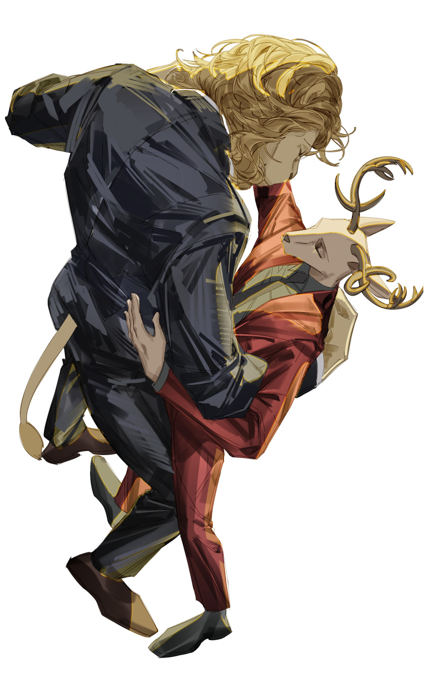 2boys absurdres animal_ears antlers beastars black_footwear black_pants black_suit brown_footwear closed_eyes dancing deer_antlers deer_boy deer_ears furry furry_male glasses green_shirt hand_on_another's_back hand_on_another's_hip highres holding_hands ibuki_(beastars) lion_boy lion_ears lion_mane lion_tail louis_(beastars) male_focus multiple_boys pants red_pants red_suit shirt suit tail waltz_(dance) white_background yibengyitiaodeshaomai