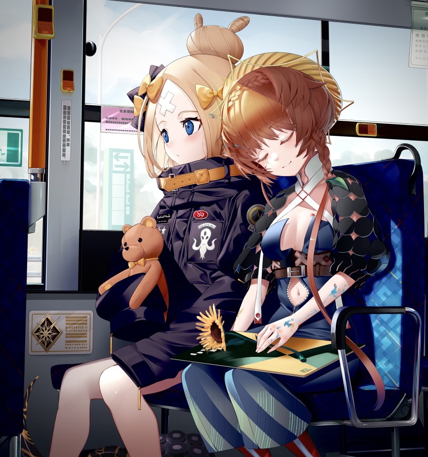 2girls abigail_williams_(fate) abigail_williams_(traveling_outfit)_(fate) absurdres bandaid bandaid_on_face bandaid_on_forehead belt black_bow black_jacket blonde_hair blue_eyes blue_overalls blush bow braid breasts center_opening closed_eyes crossed_bandaids crown_braid fate/grand_order fate_(series) flower forehead hair_bow hair_bun hat high_collar highres jacket long_hair long_sleeves multiple_girls navel official_alternate_costume orange_belt orange_bow orange_hair overall_shorts overalls parted_bangs polka_dot polka_dot_bow puffy_sleeves revision shiro_ami side_braid single_hair_bun sitting sketchbook sleeves_past_fingers sleeves_past_wrists small_breasts smile straw_hat stuffed_animal stuffed_toy sunflower teddy_bear tentacles train_interior van_gogh_(fate) window yellow_headwear