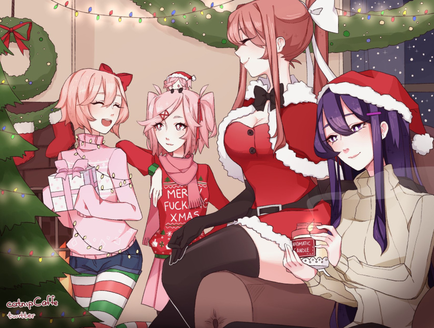 4girls :d ^_^ alternate_costume armchair artist_name beige_sweater belt black_gloves black_legwear black_neckwear bow bowtie breasts brown_hair caffe0w0 candle capelet casual chair chibi christmas christmas_lights christmas_ornaments christmas_tree cleavage closed_eyes clothes_writing commentary doki_doki_literature_club elbow_gloves english_commentary eyes_closed fur-trimmed_capelet fur-trimmed_hat fur_trim gloves hair_between_eyes hair_bow hair_ornament hair_ribbon hairclip hat highres jar long_sleeves medium_breasts monika_(doki_doki_literature_club) multiple_girls natsuki_(doki_doki_literature_club) open_mouth pantyhose pink_eyes pink_hair pink_scarf pink_skirt pink_sweater pleated_skirt pom_pom_(clothes) ponytail profanity purple_eyes purple_hair red_bow red_capelet red_hat red_ribbon red_sweater ribbed_sweater ribbon santa_costume santa_hat sayori_(doki_doki_literature_club) scarf short_hair short_shorts shorts sidelocks sitting skirt sleeves_past_fingers sleeves_past_wrists smile snowing striped striped_legwear sweater thighhighs twitter_username two_side_up white_ribbon window yuri_(doki_doki_literature_club)