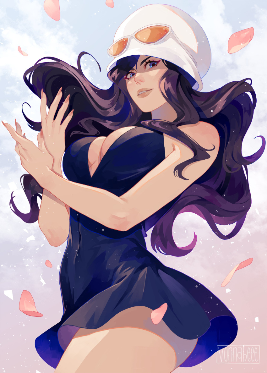 1girl absurdres bare_shoulders black_dress black_hair breasts cleavage dress eyewear_on_headwear falling_petals fingernails floating_hair from_below highres lips long_hair looking_at_viewer nico_robin one_piece open_mouth petals pink_petals signature sky sleeveless solo thighs vonnabeee white_headwear x_arms