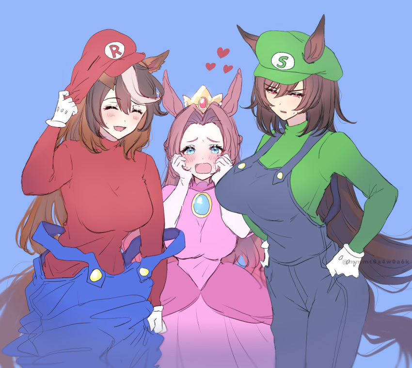 3girls black_overalls blue_background blue_eyes blue_overalls breasts closed_eyes commentary_request cosplay cowboy_shot crown double_strap_slip dress ears_through_headwear gloves green_headwear hair_intakes hands_on_own_hips heart highres kawakami_princess_(umamusume) large_breasts luigi luigi_(cosplay) mario mario_(cosplay) mario_(series) mmm_(mmm623) multiple_girls open_mouth overalls parted_lips pink_dress princess_peach princess_peach_(cosplay) red_eyes red_headwear red_sweater simple_background sirius_symboli_(umamusume) smile sweater symboli_rudolf_(umamusume) twitter_username umamusume white_gloves