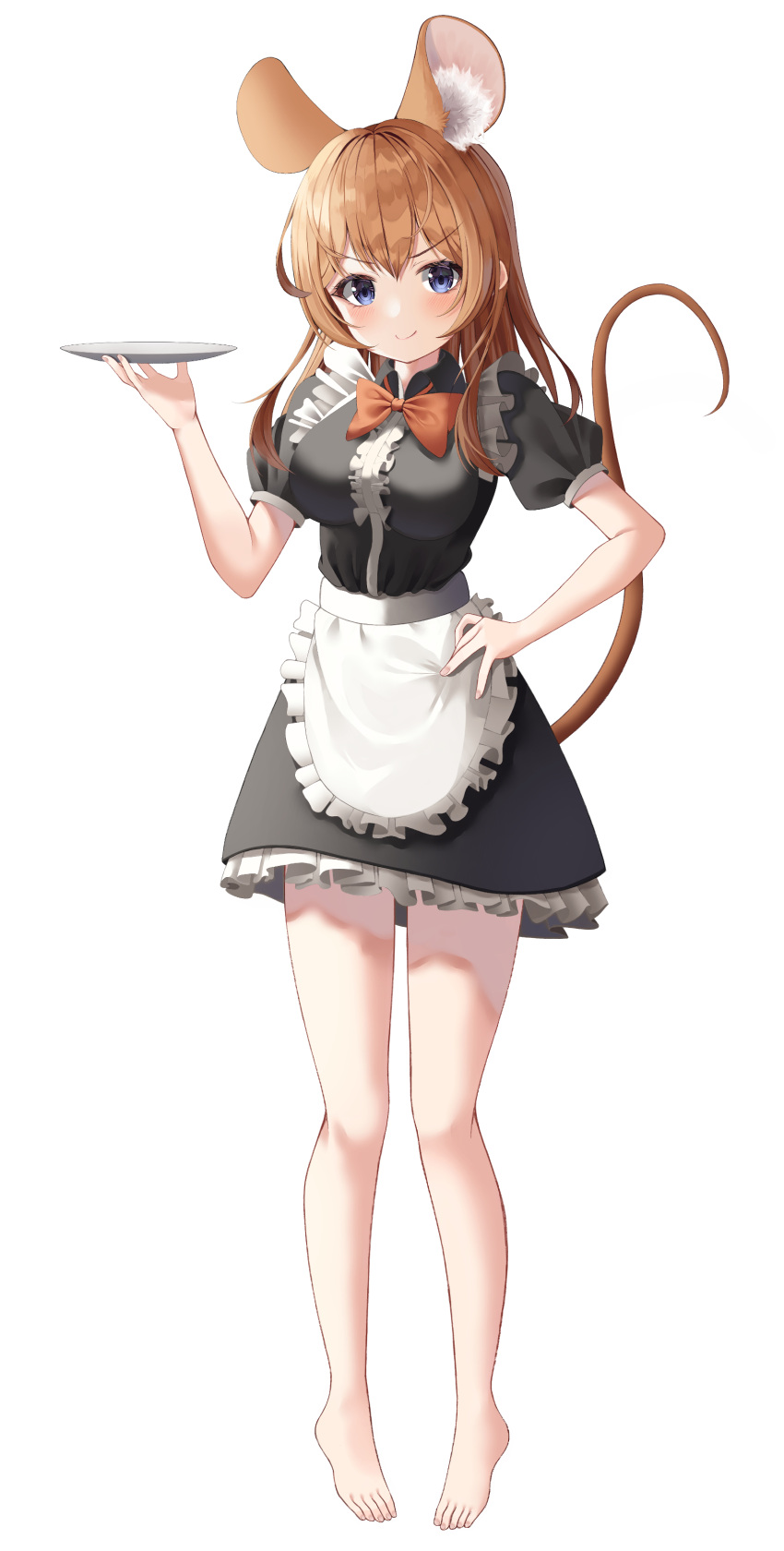 &gt;:) 1girl \||/ absurdres alpha_beast animal_ear_fluff animal_ears apron bare_legs barefoot black_shirt black_skirt blue_eyes blush bow breasts brown_hair c: center_frills closed_mouth commentary double-parted_bangs eyelashes frilled_apron frilled_skirt frills full_body hair_between_eyes hand_on_own_hip highres holding holding_tray impossible_clothes large_breasts long_hair looking_at_viewer maid maid_apron mouse_ears mouse_girl mouse_tail orange_bow original puffy_short_sleeves puffy_sleeves shirt short_sleeves simple_background skirt smile smug standing tail tail_raised toenails toes tray v-shaped_eyebrows white_apron white_background