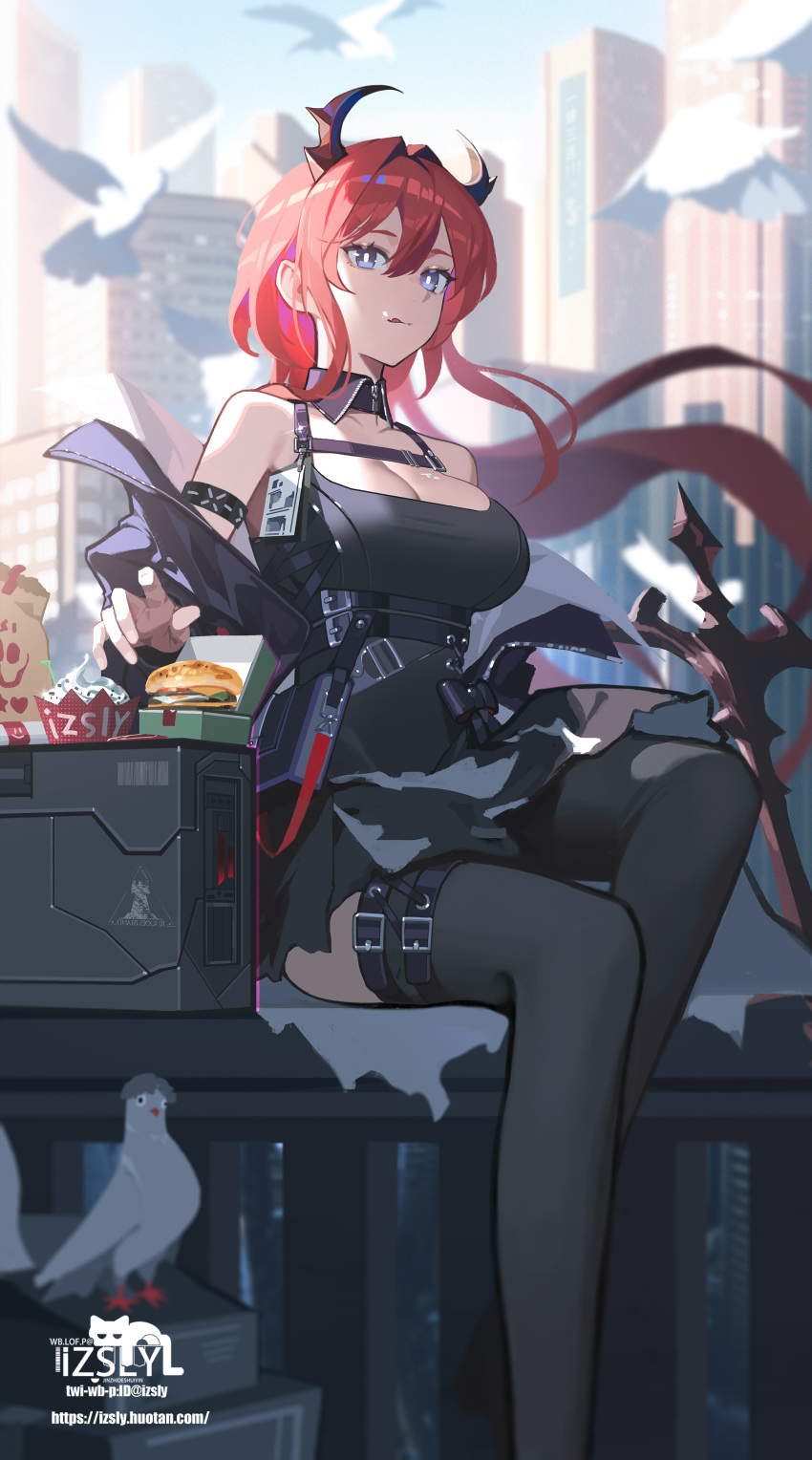 1girl :p absurdres arknights artist_name bare_shoulders black_dress breasts cleavage demon_horns dress fast_food hair_between_eyes highres horns izsly jacket large_breasts long_hair long_sleeves looking_at_viewer medium_breasts purple_eyes red_hair signature solo surtr_(arknights) sword thighhighs tongue tongue_out very_long_hair weapon