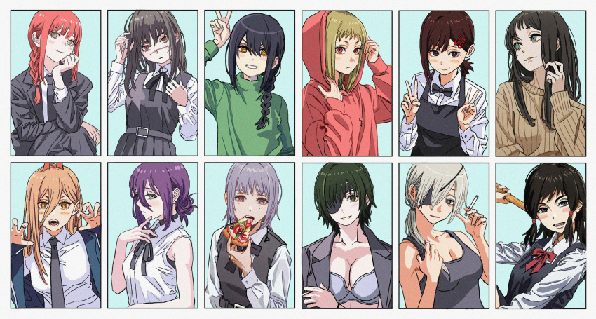 6+girls absurdres apron black_apron black_choker black_hair black_jacket black_necktie black_pants black_tank_top blonde_hair blue_background blush bra braid braided_ponytail breasts business_suit chainsaw_man choker cigarette claw_pose closed_mouth collared_shirt commentary cross-shaped_pupils cross_scar demon_girl demon_horns double_v dress earrings eating english_commentary eyepatch fami_(chainsaw_man) food formal fourth_east_high_school_uniform green_eyes grey_hair hair_between_eyes hair_bun hair_ornament hair_over_shoulder hairclip hand_in_own_hair hand_on_own_cheek hand_on_own_face higashiyama_kobeni highres himeno_(chainsaw_man) holding holding_cigarette holding_food holding_pizza hood hoodie horns jacket jewelry large_breasts long_hair long_sleeves looking_at_viewer makima_(chainsaw_man) medium_breasts medium_hair mifune_fumiko mole mole_on_cheek mole_under_eye mole_under_mouth multicolored_hair multiple_girls multiple_moles nayuta_(chainsaw_man) neck_ribbon necktie open_mouth pants pinafore_dress pink_eyes pizza ponytail power_(chainsaw_man) quanxi_(chainsaw_man) red_eyes red_hair red_hoodie red_horns red_ribbon reze_(chainsaw_man) ribbon ringed_eyes roots_(hair) santa_claus_(chainsaw_man) sawatari_akane_(chainsaw_man) scar scar_on_cheek scar_on_face scar_on_nose school_uniform shiren_(ourboy83) shirt short_hair sidelocks simple_background single_hair_bun single_sidelock sleeveless sleeveless_dress sleeveless_shirt slit_pupils smile smoking suit sweater symbol-shaped_pupils tank_top tassel tassel_earrings twintails underwear v white_background white_shirt yellow_eyes yoru_(chainsaw_man)