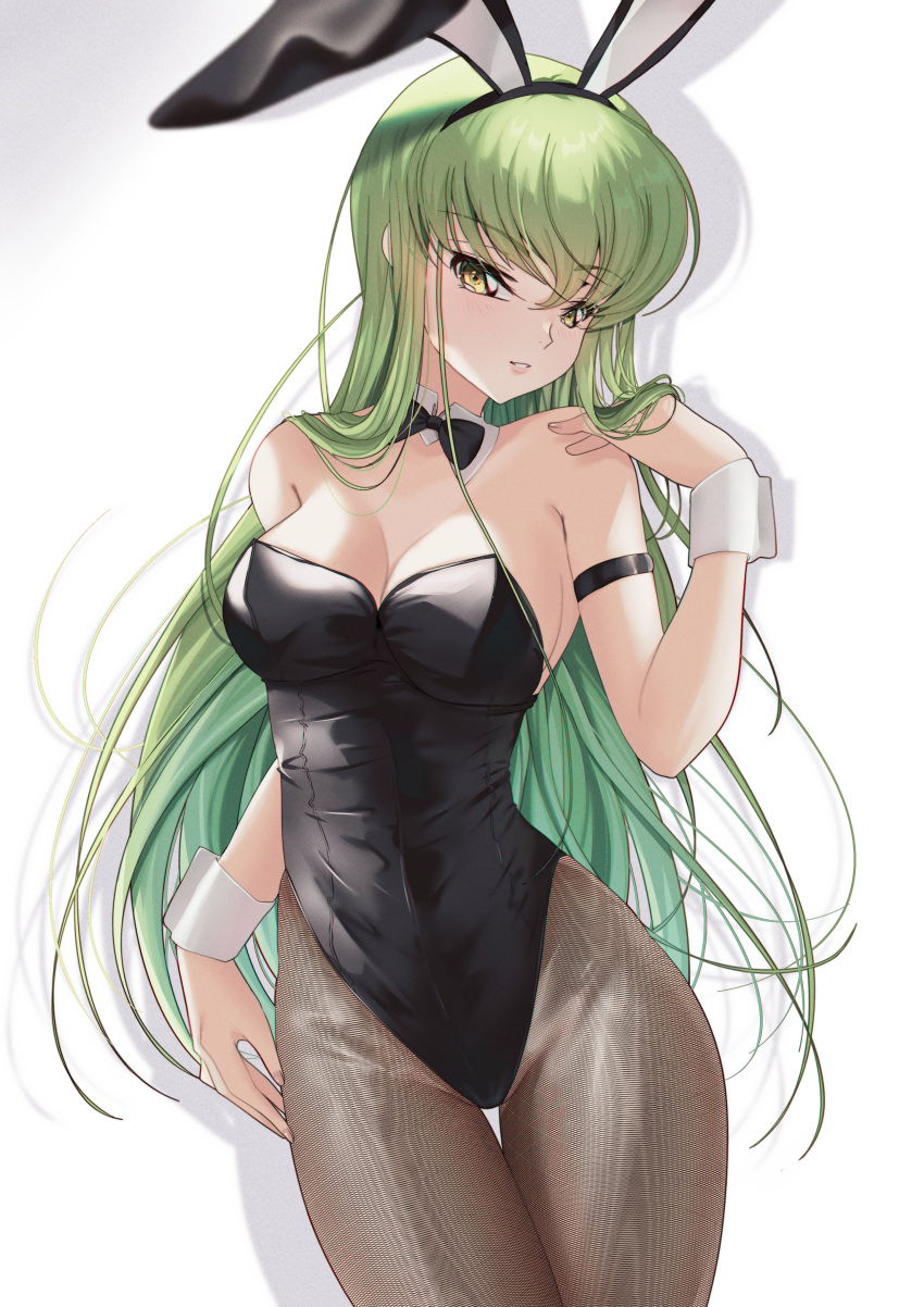 1girl absurdres alternate_costume animal_ears arm_at_side arm_strap armpit_crease bare_shoulders black_bow black_bowtie black_leotard blush bow bowtie breasts budgiepon c.c. cleavage code_geass commentary curvy detached_collar drop_shadow eyelashes fake_animal_ears green_hair hair_between_eyes hair_over_shoulder hand_up head_tilt highleg highleg_leotard highres leotard lips long_hair looking_at_viewer medium_breasts pantyhose parted_lips playboy_bunny rabbit_ears simple_background smile solo straight_hair strapless strapless_leotard thigh_gap thighs very_long_hair white_background white_wrist_cuffs yellow_eyes