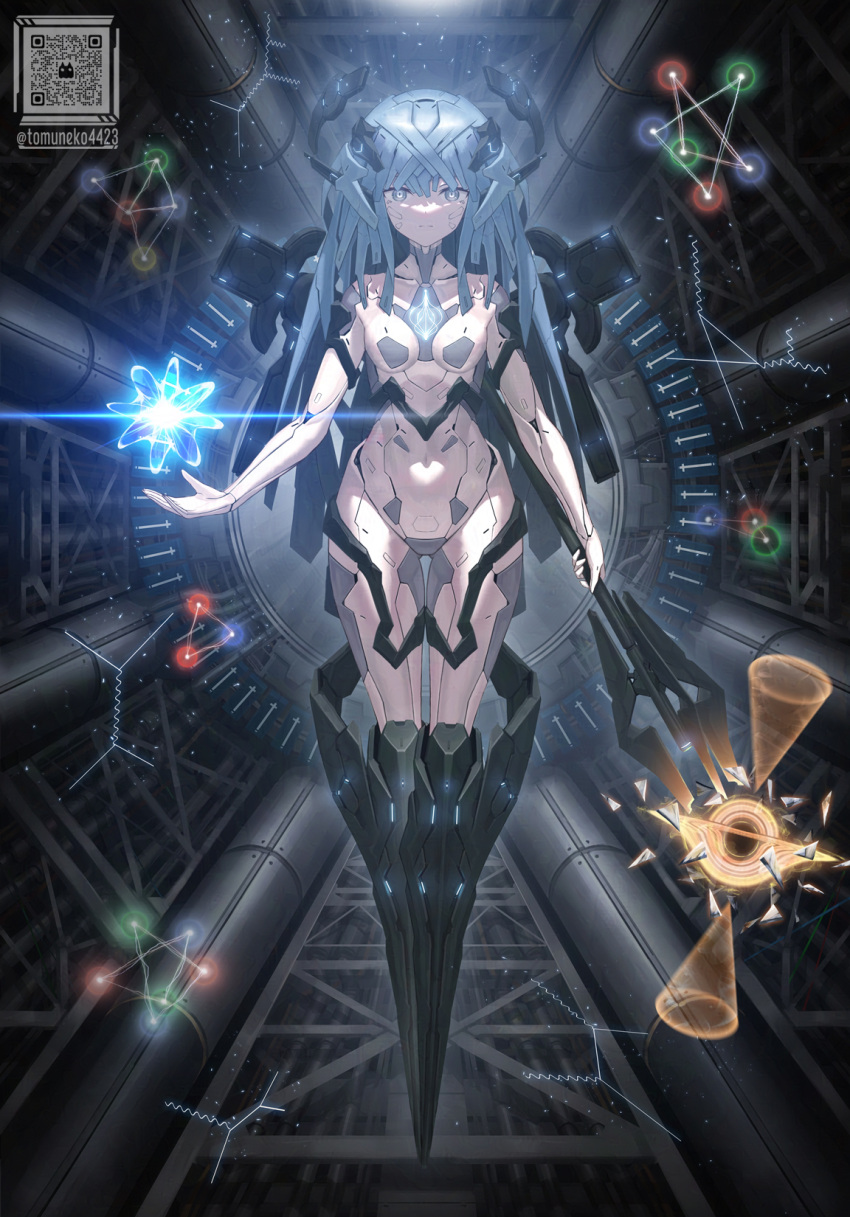 1girl android black_hole blue_eyes blue_hair full_body halo highres holding holding_staff looking_at_viewer mechanical_hair mechanical_halo navel original qr_code quark_(particle) solo staff straight-on tom-neko_(zamudo_akiyuki)