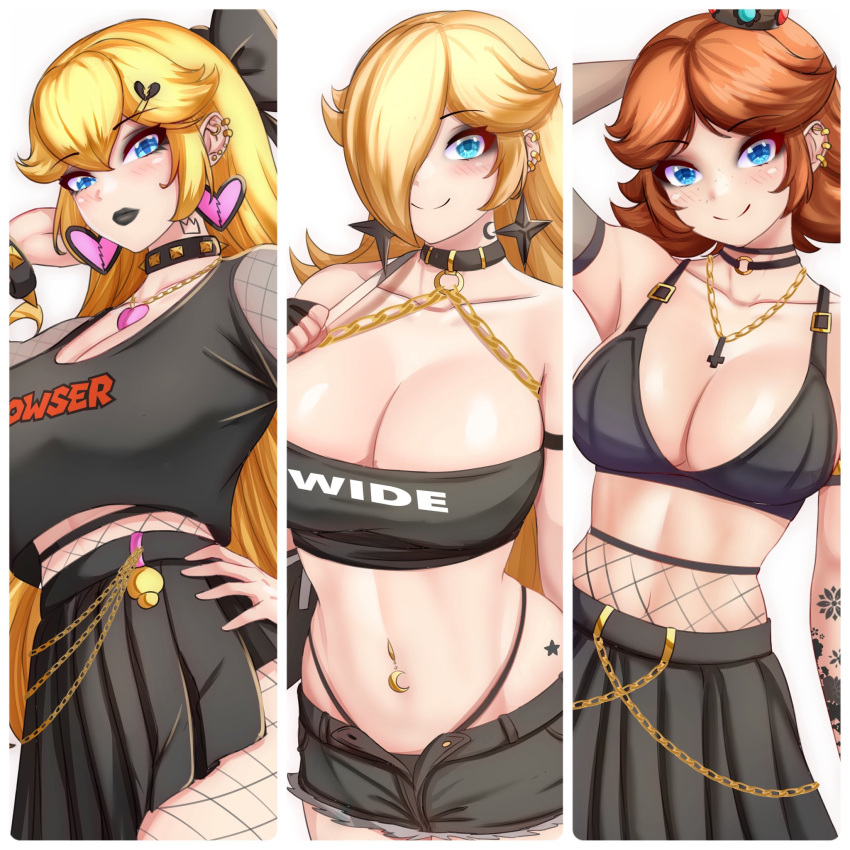 3girls alternate_costume anisdrawn bag bandeau black_bow black_choker black_lips black_panties black_shorts black_skirt blonde_hair blue_eyes bow breasts chain character_name choker cleavage clothes_writing collarbone cowboy_shot crop_top denim denim_shorts ear_piercing earrings english_commentary eyeshadow fingerless_gloves fishnet_pantyhose fishnets gloves gothic hair_bow hair_over_one_eye hand_on_own_hip handbag heart heart_earrings highres implied_cheating_(relationship) jewelry large_breasts long_hair makeup mario_(series) midriff multiple_girls navel necklace open_fly panties panty_straps pantyhose piercing pleated_skirt princess_daisy princess_peach rosalina short_shorts shorts simple_background skirt standing star_(symbol) star_earrings star_tattoo stomach super_mario_galaxy tattoo thighs underwear very_long_hair white_background