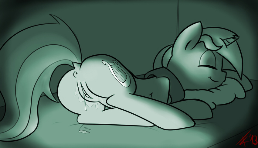 anus bed butt cradeelcin cum cutie_mark equine eyes_closed female feral friendship_is_magic horn horse lying lyra_(mlp) lyra_heartstrings_(mlp) mammal monochrome my_little_pony night_vision nude on_front pillow pony pussy pussy_juice signature sleeping smile solo unicorn wet_dream wet_dreams