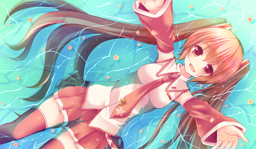 bad_id bad_pixiv_id detached_sleeves hatsune_miku long_hair necktie open_mouth outstretched_arms partially_submerged red_eyes red_hair sakura_miku skirt solo thighhighs touno_maka twintails vocaloid water