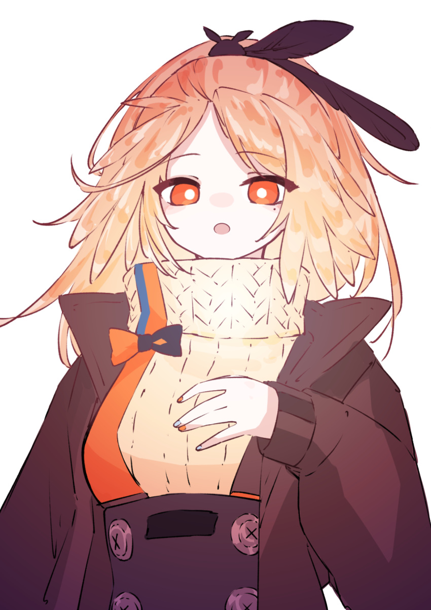 1girl :o arknights black_jacket black_skirt bright_pupils buttons feather_hair highres jacket long_hair long_sleeves mole mole_under_eye nazo_no_hana open_clothes open_jacket open_mouth orange_eyes orange_nails pinecone_(arknights) ribbed_sweater simple_background skirt solo sweater turtleneck turtleneck_sweater upper_body white_background white_pupils yellow_sweater
