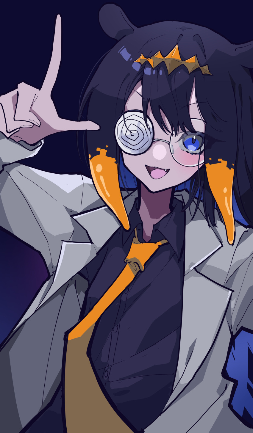 1girl absurdres black_hair black_shirt blue_eyes blush coat coke-bottle_glasses collared_shirt commentary dark_background dress_shirt fang glasses highres hololive hololive_english lab_coat lapels long_hair looking_at_viewer mentally_deficient multicolored_hair necktie ninomae_ina'nis notched_lapels official_alternate_costume open_mouth orange_hair pointing round_eyewear shirt simple_background solo tentacle_hair two-tone_hair upper_body virtual_youtuber white_coat wing_collar yellow_necktie