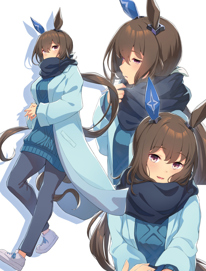 1girl adjusting_scarf admire_vega_(umamusume) animal_ears aran_sweater blue_coat blue_pants blue_scarf blue_sweater breasts brown_hair cable_knit coat covered_mouth dress ear_covers enpera full_body hair_between_eyes highres holding_hands horse_ears horse_girl horse_tail interlocked_fingers kawahara_minamo large_breasts long_hair long_sleeves looking_at_viewer multiple_views open_clothes open_coat own_hands_together pants ponytail purple_eyes scarf shoes simple_background sneakers sweater sweater_dress tail umamusume upper_body very_long_hair white_background white_footwear