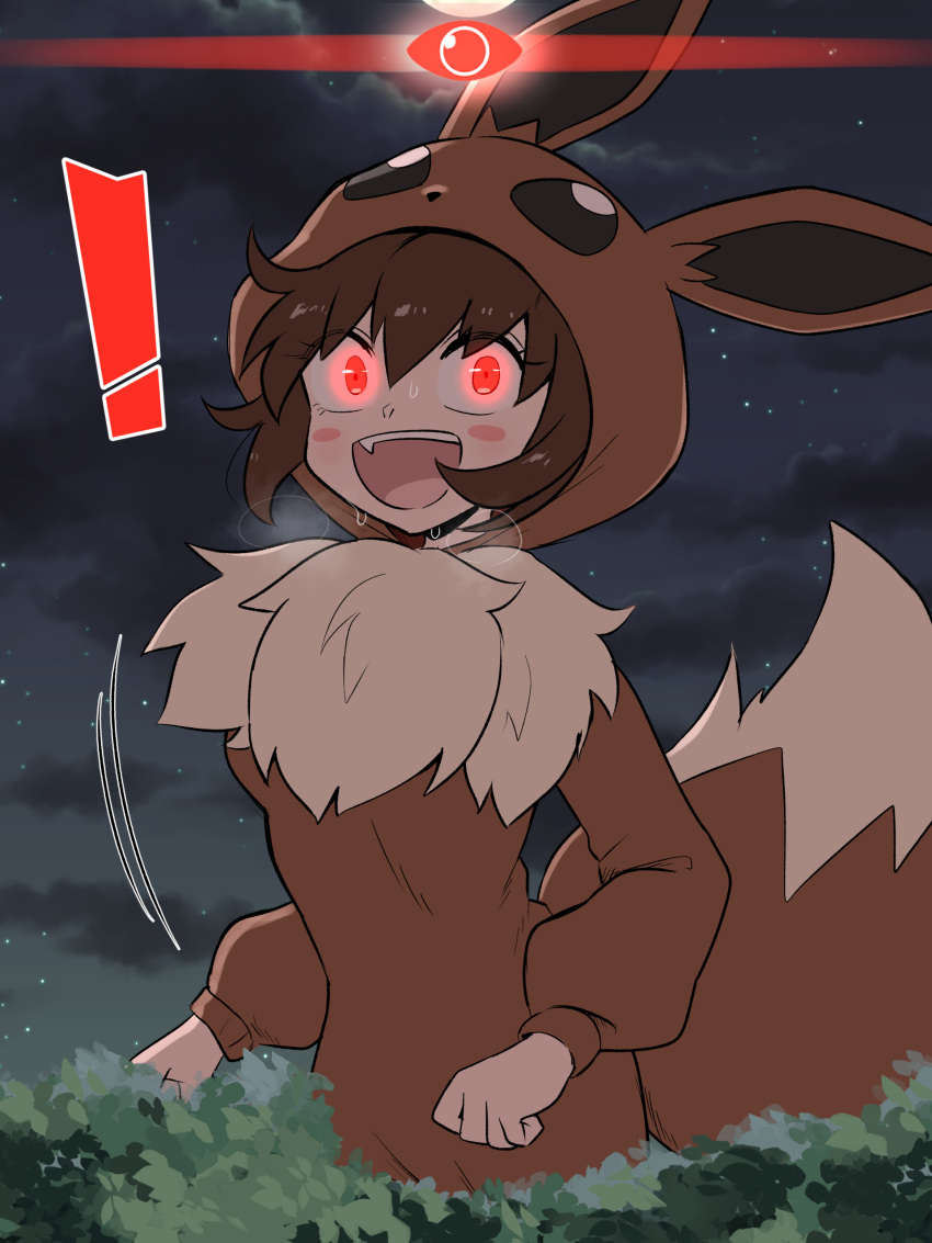 ! 1girl absurdres alpha_pokemon blush_stickers breasts brown_hair brown_hood cloud commentary_request cosplay cowboy_shot eevee eevee_(cosplay) eevee_ears eevee_tail fang giant giantess glowing glowing_eyes hair_between_eyes heavy_breathing highres hood hood_up kigurumi kurachi_mizuki long_sleeves looking_at_viewer medium_breasts moon motion_lines night night_sky onesie open_mouth outdoors poke_kid_(pokemon) pokemon pokemon_ears pokemon_legends:_arceus pokemon_tail red_eyes short_hair sky solo standing star_(sky) starry_sky sweat tail tree