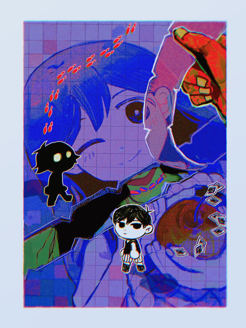 1girl 2boys black_eyes black_hair closed_mouth colored_skin expressionless highres mari_(headspace)_(omori) mari_(omori) milkymilkyshark multiple_boys omori omori_(omori) one_eye_closed photo_(object) purple_hair smile stranger_(omori) white_skin