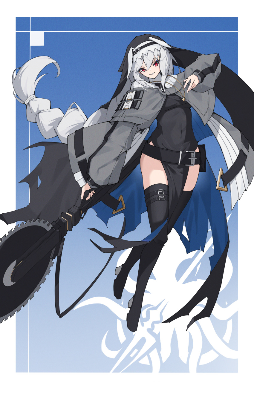 1girl absurdres arknights black_dress black_headwear black_thighhighs braid breasts circular_saw covered_navel dress full_body grey_jacket hair_between_eyes hat highres holding holding_weapon jacket long_hair necktie open_clothes open_jacket parted_lips red_eyes saw small_breasts smile solo specter_(arknights) thighhighs thighs very_long_hair weapon xue_jian_ying