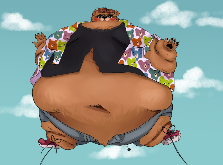 absurd_res balloon_fetish bear brown_bear button_pop clothing grosssuccubus hi_res inflation mammal popped solo torn_clothing ursine