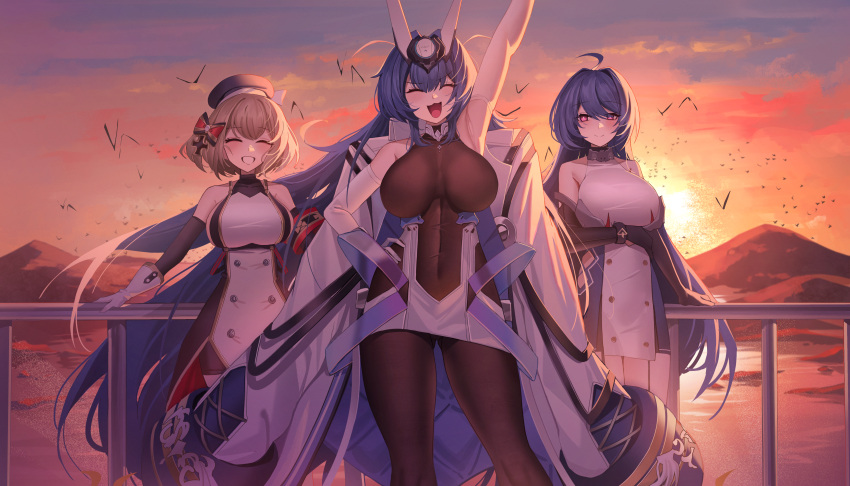 3girls :3 absurdly_long_hair absurdres ahoge arm_under_breasts arm_up armband armpits ass_visible_through_thighs azur_lane bare_shoulders beret bike_shorts bird black_gloves black_headwear blonde_hair blue_hair blush bodystocking bow breasts buttons cleavage closed_eyes closed_mouth clothing_cutout cloud cloudy_sky coat coat_on_shoulders collarbone covered_collarbone covered_navel cowboy_shot cross double-breasted dress elbow_gloves gloves gold_trim grin hair_between_eyes hair_bow hair_intakes hair_ornament hand_on_railing hat headgear helena_(azur_lane) helena_(retrofit)_(azur_lane) highres iron_cross jeze large_breasts long_hair looking_at_viewer mountainous_horizon multiple_girls new_jersey_(azur_lane) open_mouth outdoors purple_eyes railing see-through see-through_cleavage short_hair side_cutout sidelocks sky smile standing sunset taut_clothes taut_dress very_long_hair white_coat white_dress white_gloves z23_(azur_lane)