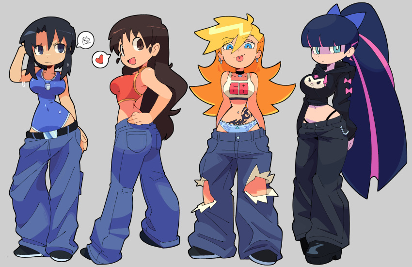 4girls arm_behind_head ass averting_eyes azumanga_daioh bacun black_hair black_hoodie blonde_hair blue_eyes bow breasts brown_eyes brown_hair character_print choker colored_inner_hair denim earrings full_body hair_between_eyes hair_bow hand_on_own_hip heart highres hood hoodie jeans jewelry kuromi kurosawa_minamo large_breasts long_hair long_sleeves looking_at_viewer multicolored_hair multiple_girls navel navel_piercing one-piece_swimsuit onegai_my_melody panties pants panty_&amp;_stocking_with_garterbelt panty_(psg) panty_straps piercing pink_hair ponytail sanrio shaded_face shirt short_hair siblings simple_background sisters sleeveless sleeveless_shirt smile spoken_heart spoken_squiggle squiggle stocking_(psg) swimsuit swimsuit_under_clothes tanizaki_yukari tank_top tattoo tongue tongue_out tongue_piercing torn_clothes torn_jeans torn_pants two-tone_hair underwear wet whistle whistle_around_neck