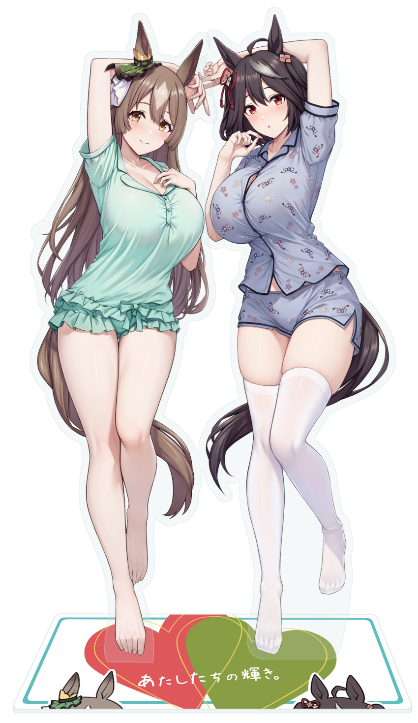 2girls animal_ears bare_legs barefoot black_hair blue_pajamas blue_shorts breasts brown_eyes brown_hair button_gap cleavage commentary_request ear_ribbon full_body green_pajamas green_ribbon highres horse_ears horse_girl horse_tail kannko_bokujou kitasan_black_(umamusume) large_breasts long_hair looking_at_viewer multicolored_hair multiple_girls pajamas print_pajamas print_shorts ribbon satono_diamond_(umamusume) short_hair shorts simple_background smile streaked_hair tail thighhighs thighs umamusume white_background white_hair white_thighhighs