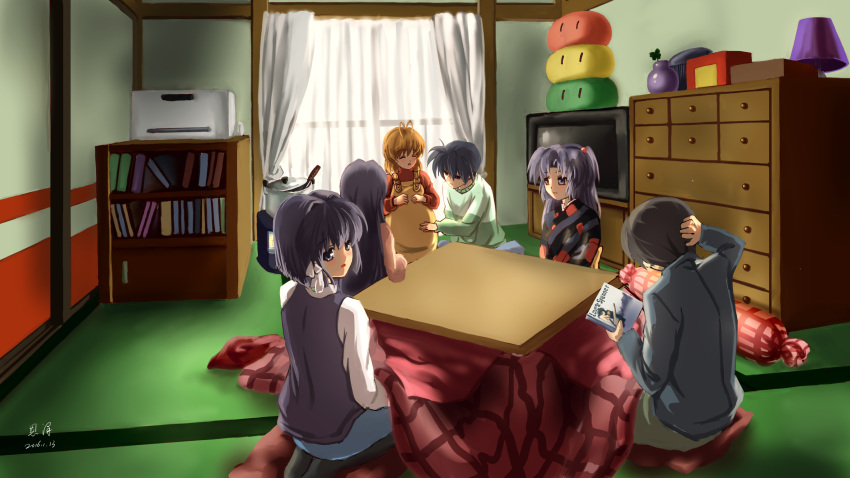 2boys 4girls ^_^ antenna_hair black_hair blue_hair blush bob_cut brown_hair casual chinese_commentary clannad closed_eyes commentary_request couple dango_daikazoku fujibayashi_kyou fujibayashi_ryou furukawa_nagisa hair_intakes happy hetero highres ichinose_kotomi indoors kotatsu long_hair looking_at_another looking_at_viewer looking_back medium_hair multiple_boys multiple_girls okazaki_tomoya open_mouth painttool_sai_(medium) pregnant scratching_head short_hair siblings signature sisters sitting smile sunohara_youhei table tatami wide_shot xiaobanbei_milk |_|