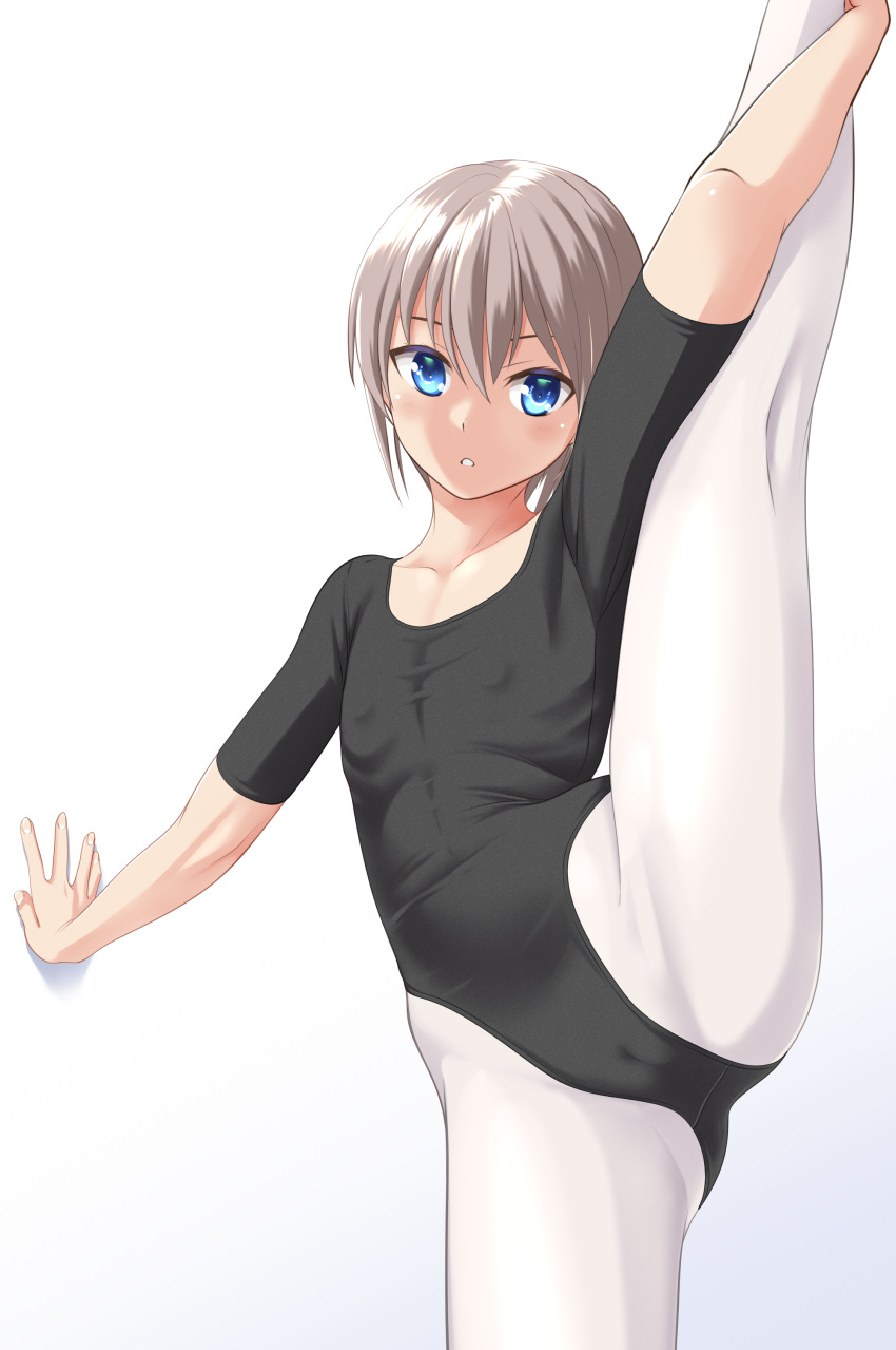 1girl absurdres against_wall athletic_leotard ballet black_leotard blue_eyes breasts cameltoe commentary_request cowboy_shot flat_chest grey_hair highres leotard looking_at_viewer original pantyhose parted_lips ribs short_hair short_sleeves simple_background small_breasts solo split standing standing_on_one_leg standing_split takafumi variant_set white_background white_pantyhose