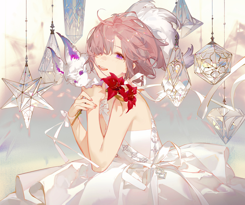 1girl ahegao ask_(askzy) bare_arms bare_shoulders dress fate/grand_order fate_(series) flower fou_(fate) hair_over_eyes hair_over_one_eye holding holding_flower lily_(flower) mash_kyrielight open_mouth purple_eyes red_flower ribbon sash simple_background solo_focus white_background white_dress white_ribbon white_sash wrist_ribbon