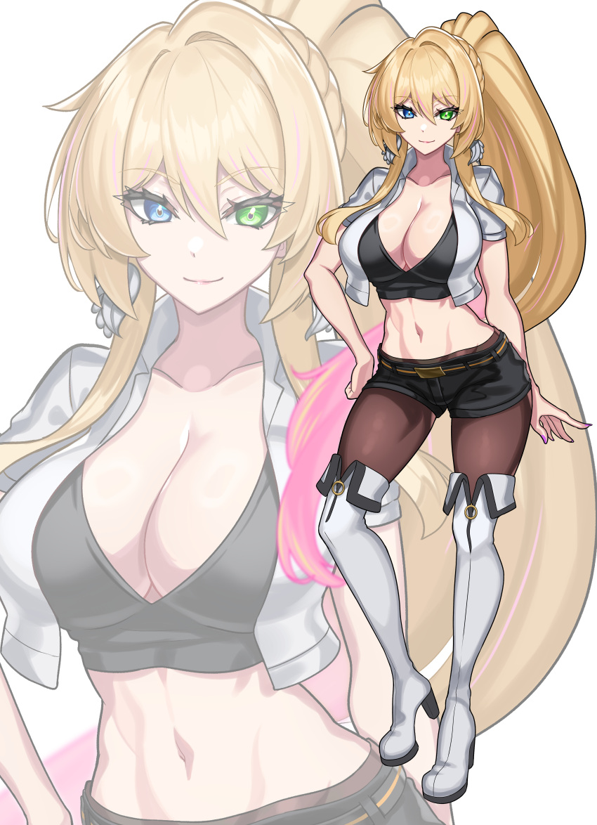 1girl absurdres black_shirt black_shorts blonde_hair blue_eyes boots breasts brown_pantyhose cleavage crop_top cropped_jacket english_commentary full_body green_eyes heterochromia high_heel_boots high_heels highres jacket large_breasts long_hair looking_at_viewer midriff navel nez-box open_clothes open_jacket original pantyhose ponytail shirt short_shorts short_sleeves shorts simple_background smile standing stomach thigh_boots thighs very_long_hair white_background white_footwear white_jacket zoom_layer