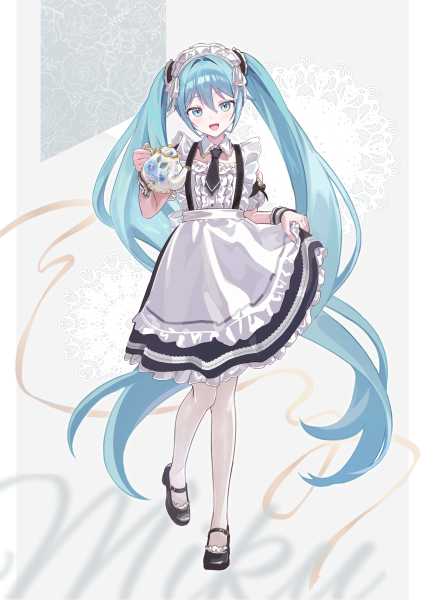 1girl absurdres alternate_costume apron blue_eyes blue_hair center_frills commentary detached_sleeves dress enmaided frilled_apron frilled_dress frilled_footwear frills full_body hatsune_miku highres holding holding_teapot long_hair looking_at_viewer maid maid_headdress mary_janes necktie shoes short_necktie short_sleeves skirt_hold smile solo standing standing_on_one_leg suspenders teapot twintails very_long_hair vocaloid vs0mr wrist_cuffs