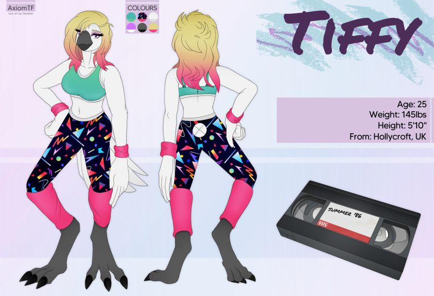 80's_theme anthro avian avian_feet axiomtf beak bird blonde_hair bottomwear bra clothed clothing cockatoo colored english_text feathers female hair hi_res leg_warmers legwear long_hair makeup model_sheet pants parrot pink_hair pose solo sports_bra story story_in_description text tiffy_(axiomtf) underwear vhs_tape white_body white_feathers yoga_pants zeydaan_(artist)