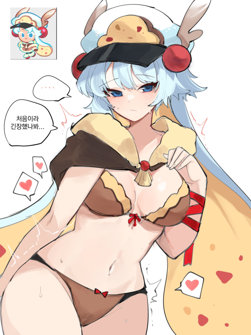 1girl antlers arm_ribbon blue_eyes blush bow bow_panties bra breasts cape colored_inner_hair cookie_run fake_antlers fur-trimmed_cape fur_trim hand_on_own_chest hat heart highres korean_text large_breasts lingerie long_hair looking_at_viewer mindoll multicolored_hair navel panties reference_inset reindeer_antlers ribbon stollen stollen_cookie sweat translation_request underwear very_long_hair white_hair