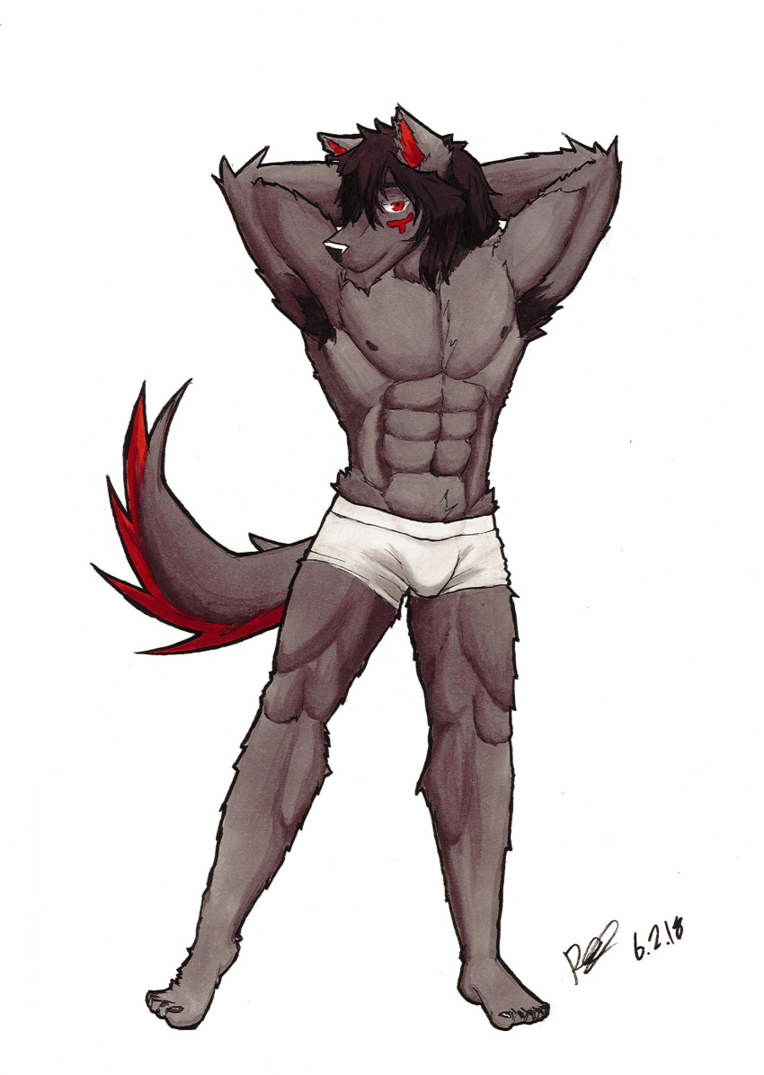 abs alexzandr_sokolov anthro armpit_hair biceps black_body black_fur black_hair black_nose body_hair bulge canid canine canis clothing fur fur_tuft hair hands_behind_head hi_res long_hair male mammal markings muscular muscular_thighs pecs pet_velvet red_ears red_eyes red_markings side_eye solo tail tuft underwear wolf