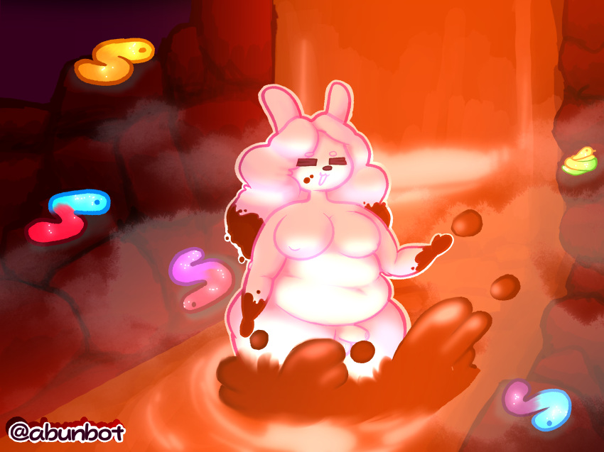 abunbot anthro big_breasts breasts candy chocolate chocolate_syrup dessert digital_media_(artwork) female food food_fetish food_play gummy_(food) gynomorph hi_res intersex lagomorph leporid mammal marshmallow rabbit solo thick_thighs wide_hips