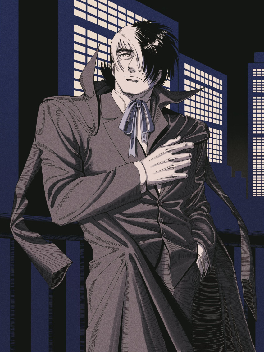 1boy balcony black_jack_(character) black_jack_(series) blue_ribbon buttons closed_mouth coat collared_shirt gloves hair_over_one_eye hand_in_pocket highres jacket long_sleeves looking_to_the_side male_focus mature_male multicolored_hair oldkin outdoors pants ribbon shirt solo split-color_hair spot_color stitched_face stitches