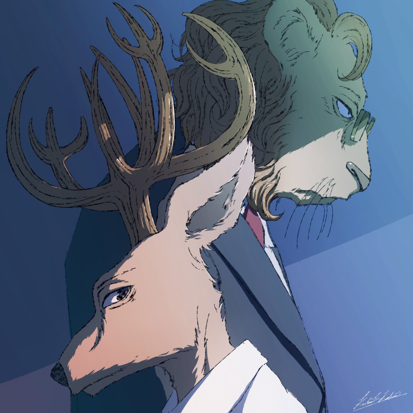 2boys animal_ears antlers beastars black_suit commentary_request congratulations deer_antlers deer_boy deer_ears furry furry_male glasses highres ibuki_(beastars) kadowaki_kouhei lion_boy lion_ears lion_mane louis_(beastars) male_focus multiple_boys necktie profile red_necktie shirt signature suit upper_body whiskers white_shirt