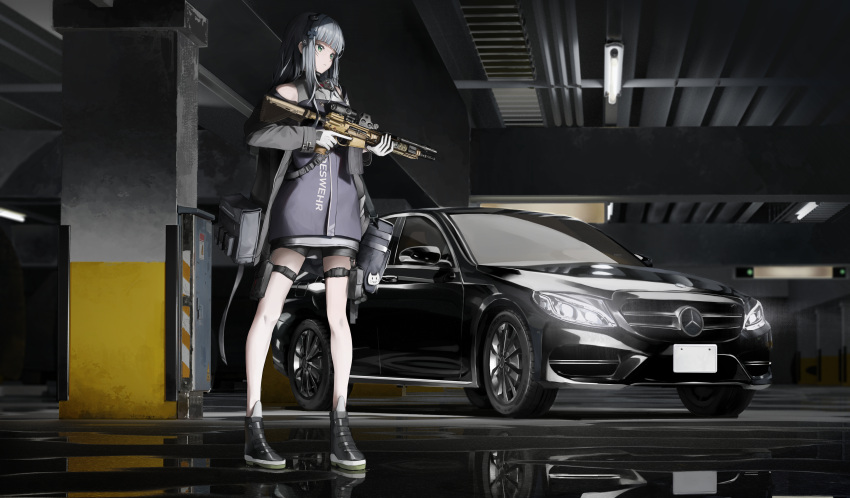 1girl absurdres assault_rifle blunt_bangs car girls'_frontline gloves green_eyes grey_hair gun h&amp;k_hk416 hair_ornament highres hk416_(girls'_frontline) holding jacket long_hair long_sleeves mercedes-benz mercedes-benz_c-class motor_vehicle nighttsound parking_garage reflection rifle solo trigger_discipline weapon