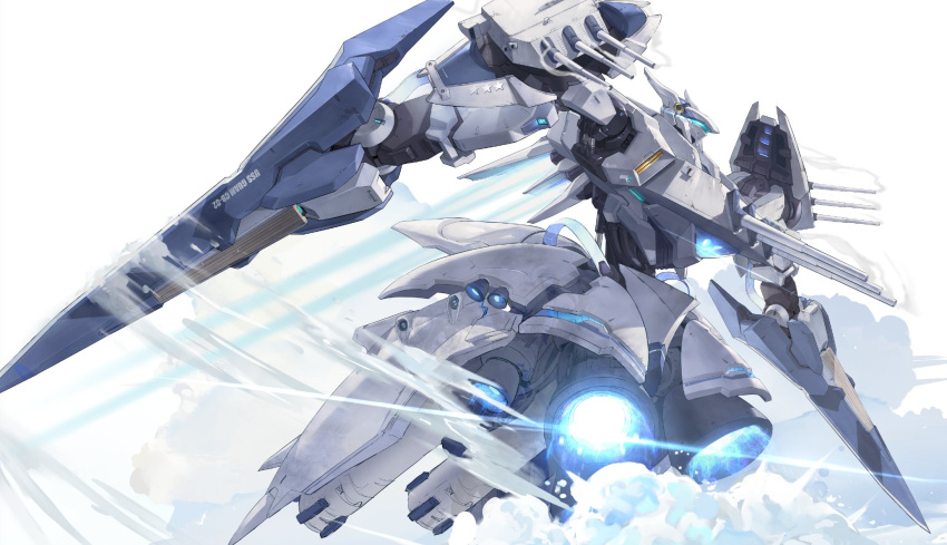 arm_cannon azur_lane blue_eyes cannon dishwasher1910 dual_arm_cannons dual_wielding english_text flying highres holding mecha no_humans robot rocket_engine shoulder_cannon water weapon white_background