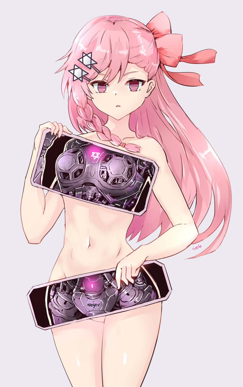 1girl absurdres android bow braid collarbone commentary_request completely_nude cowboy_shot empty_eyes girls'_frontline grey_background hair_bow hair_ornament hair_ribbon hairclip hexagram highres holding long_hair looking_at_viewer mechanical_parts negev_(girls'_frontline) nude parted_lips pink_hair rasen_manga red_bow red_eyes ribbon robot_girl simple_background solo star_of_david x-ray