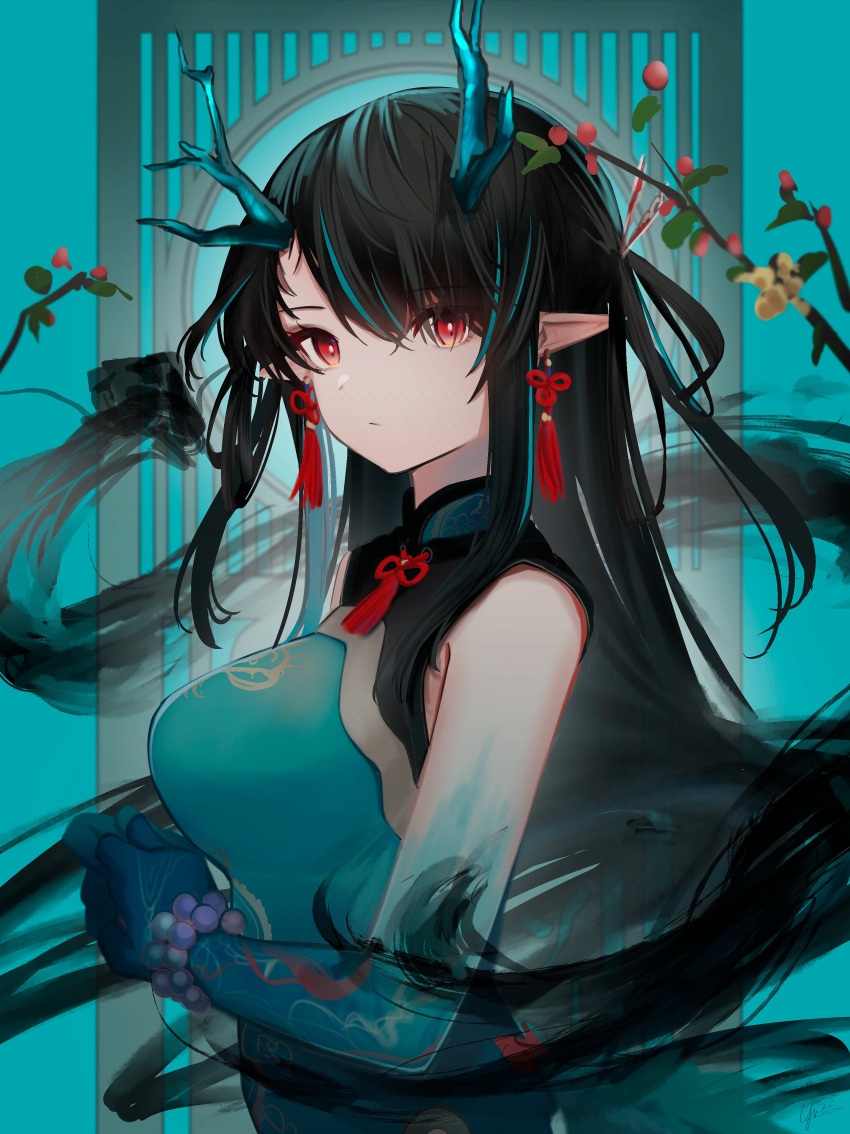 1girl absurdres aqua_background aqua_dress aqua_horns arknights bead_necklace beads black_hair breasts china_dress chinese_clothes closed_mouth colored_skin commentary_request dragon_horns dress dusk_(arknights) dusk_(everything_is_a_miracle)_(arknights) earrings gradient_skin highres horns jewelry large_breasts long_hair multicolored_hair necklace official_alternate_costume pointy_ears red_eyes sidelocks sleeveless sleeveless_dress solo streaked_hair upper_body yunnasu