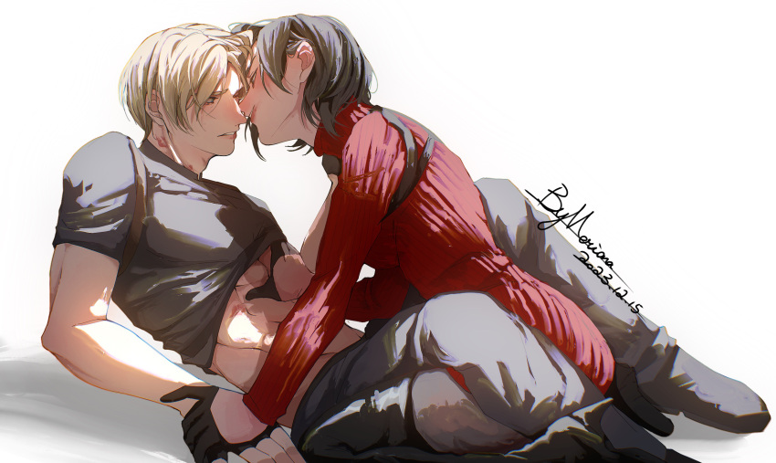 1boy 1girl ada_wong black_gloves black_hair blush brown_hair clothes_lift gloves hand_on_another's_chest highres imminent_kiss leon_s._kennedy merianaka parted_lips red_sweater resident_evil resident_evil_4 resident_evil_4_(remake) shirt_lift short_hair simple_background smile sweater turtleneck turtleneck_sweater