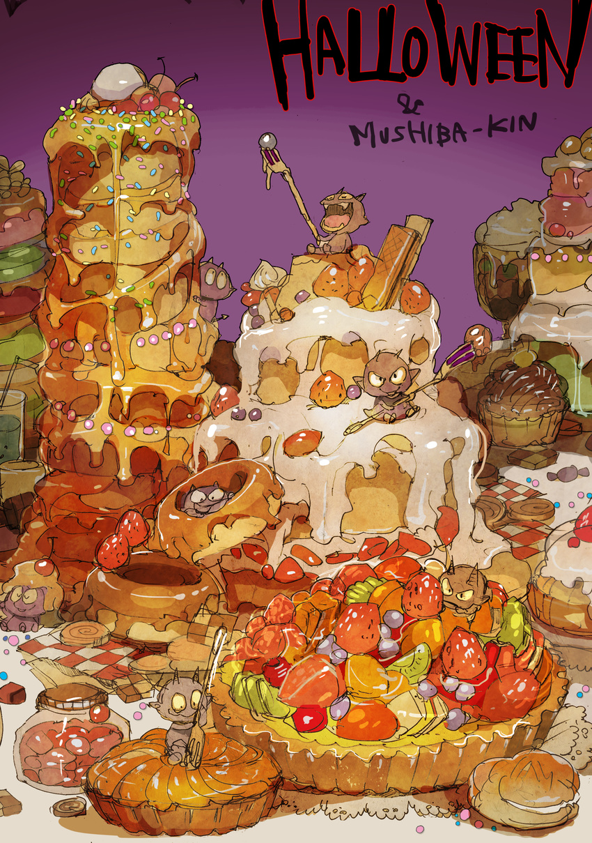 bacteria cake candy checkerboard_cookie cherry chocolate cookie cupcake demizu_posuka demon_horns demon_tail dessert food fork fruit halloween highres horns icing in_food no_humans original pastry pie sprinkles strawberry syrup tail