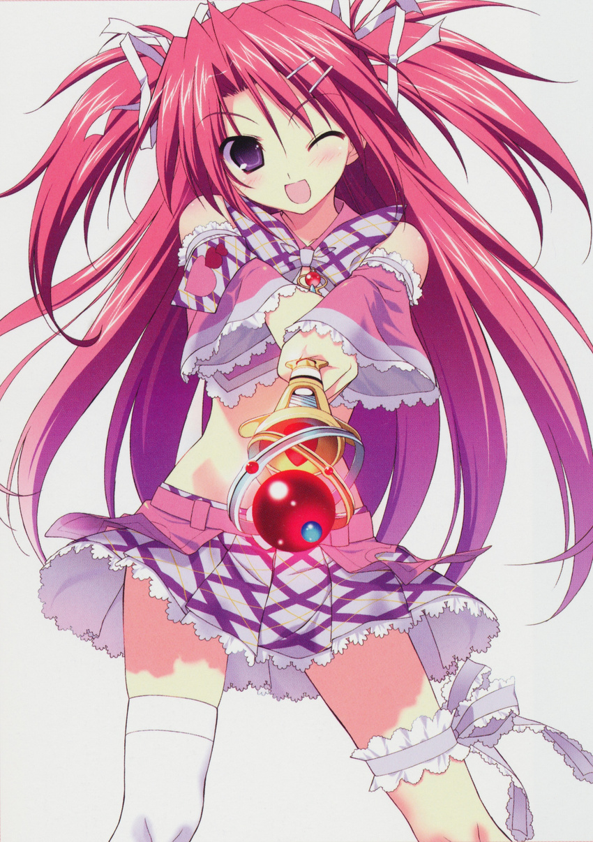 ;d absurdres blush detached_sleeves frills fumio_(ura_fmo) gem highres leg_garter lowe_(slow) magical_girl one_eye_closed open_mouth orisaka_mei phantom_breaker pink_hair plaid plaid_skirt purple_eyes purple_skirt scan simple_background single_thighhigh skirt smile standing thighhighs wand white_background white_legwear