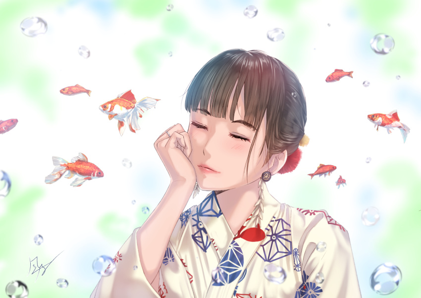 1girl blunt_bangs brown_hair closed_eyes earrings fish goldfish highres japanese_clothes jewelry kazeno kimono lips original short_hair solo upper_body yukata