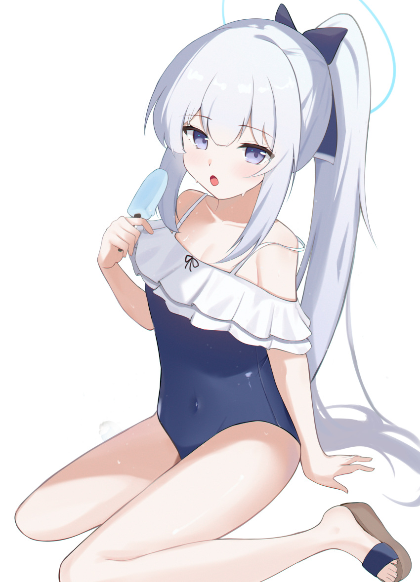 1girl absurdres blue_archive blue_ribbon brown_footwear casual_one-piece_swimsuit commentary covered_navel dokaw food frilled_one-piece_swimsuit frills grey_hair hair_ribbon hand_up highres holding holding_food holding_ice_cream ice_cream long_hair looking_at_viewer miyako_(blue_archive) miyako_(swimsuit)_(blue_archive) off-shoulder_one-piece_swimsuit off_shoulder official_alternate_costume one-piece_swimsuit open_mouth ponytail ribbon sandals simple_background sitting solo sweat swimsuit wariza white_background